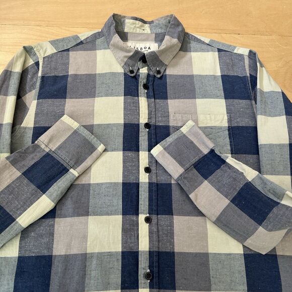 Lisboa Shirt Medium Blue Check Long Sleeve Button Up Oxford Made in Portugal - Picture 4 of 10